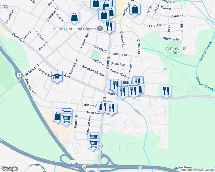 map of restaurants, bars, coffee shops, grocery stores, and more near 143 South Street in Freehold