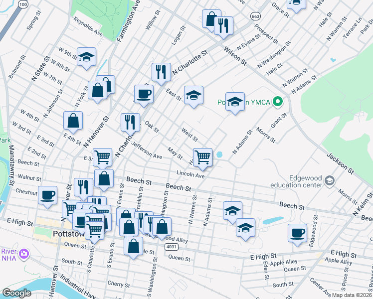 map of restaurants, bars, coffee shops, grocery stores, and more near 527 Butler Avenue in Pottstown