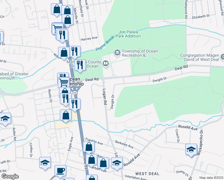 map of restaurants, bars, coffee shops, grocery stores, and more near 62 Dwight Drive in Monmouth County