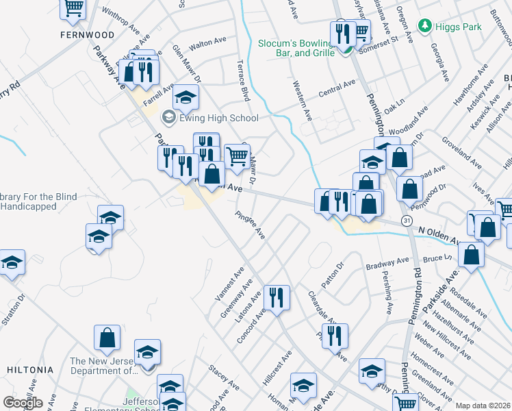 map of restaurants, bars, coffee shops, grocery stores, and more near 8 Weston Road in Trenton