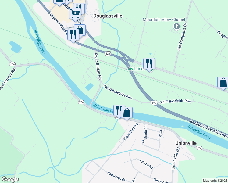 map of restaurants, bars, coffee shops, grocery stores, and more near Old Philadelphia Pike in Douglassville