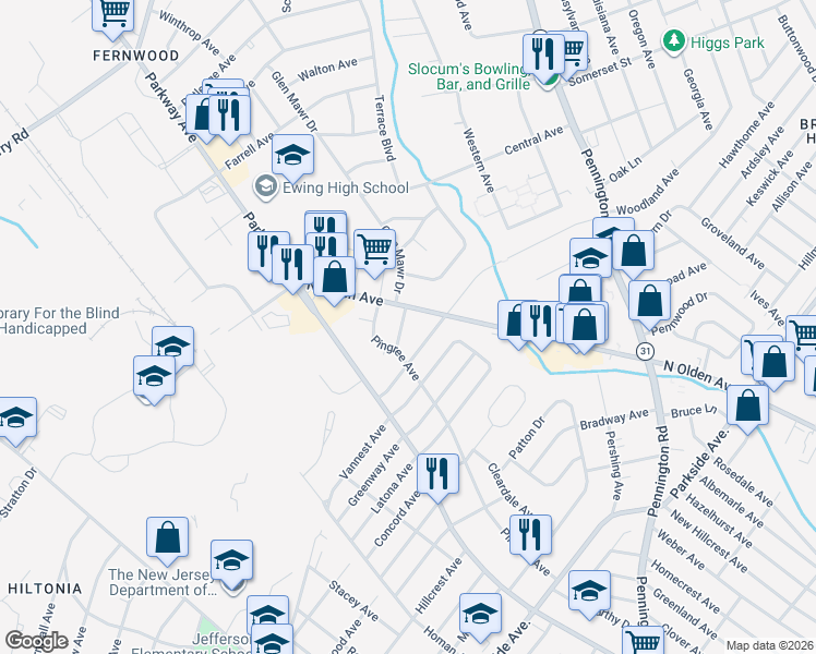 map of restaurants, bars, coffee shops, grocery stores, and more near 9 Weston Road in Ewing Township