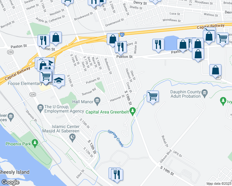 map of restaurants, bars, coffee shops, grocery stores, and more near 1244 Rolleston Street in Harrisburg