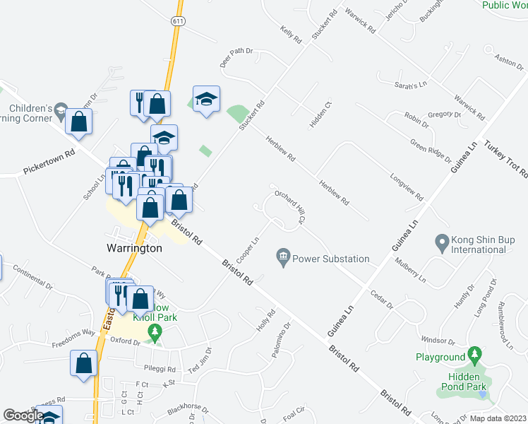 map of restaurants, bars, coffee shops, grocery stores, and more near 2259 Orchard Hill Circle in Warrington