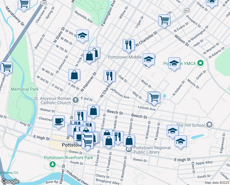 map of restaurants, bars, coffee shops, grocery stores, and more near 330 Jefferson Avenue in Pottstown