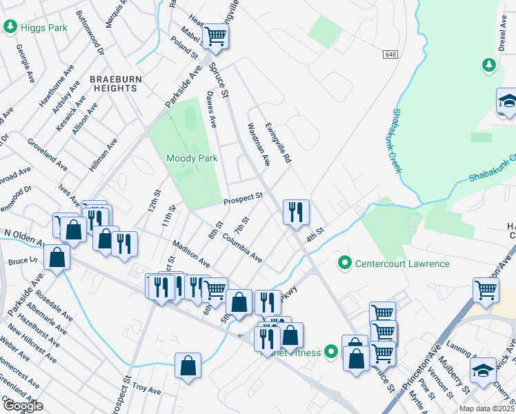 map of restaurants, bars, coffee shops, grocery stores, and more near 1780 Prospect Street in Ewing Township