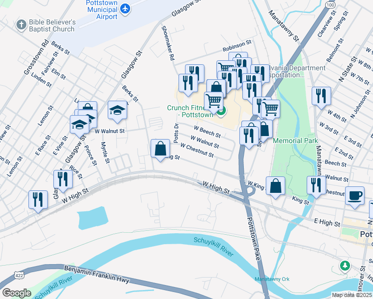 map of restaurants, bars, coffee shops, grocery stores, and more near 352 West Chestnut Street in Pottstown