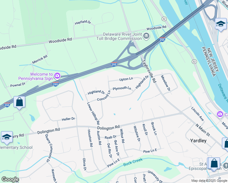 map of restaurants, bars, coffee shops, grocery stores, and more near 11 Plymouth Lane in Yardley