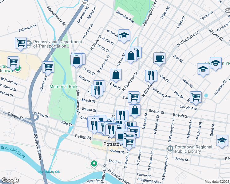 map of restaurants, bars, coffee shops, grocery stores, and more near 135 East 3rd Street in Pottstown