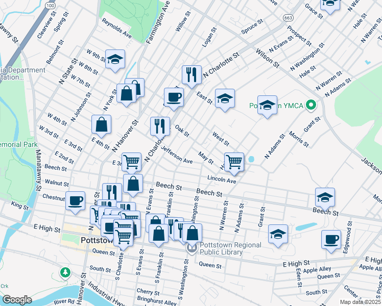 map of restaurants, bars, coffee shops, grocery stores, and more near 372 N Franklin St in Pottstown