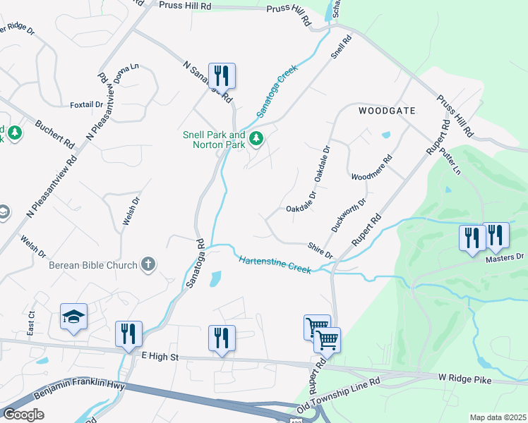 map of restaurants, bars, coffee shops, grocery stores, and more near 2832 Shire Drive in Pottstown
