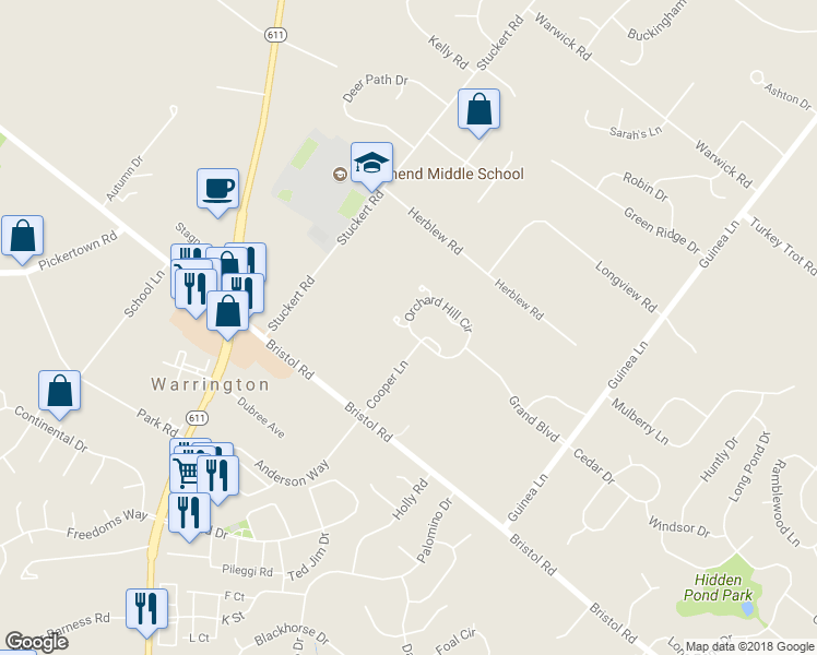 map of restaurants, bars, coffee shops, grocery stores, and more near 2263 Orchard Hill Circle in Warrington
