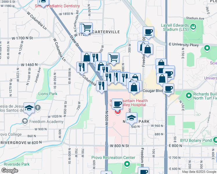 map of restaurants, bars, coffee shops, grocery stores, and more near 484 West 1230 North Street in Provo