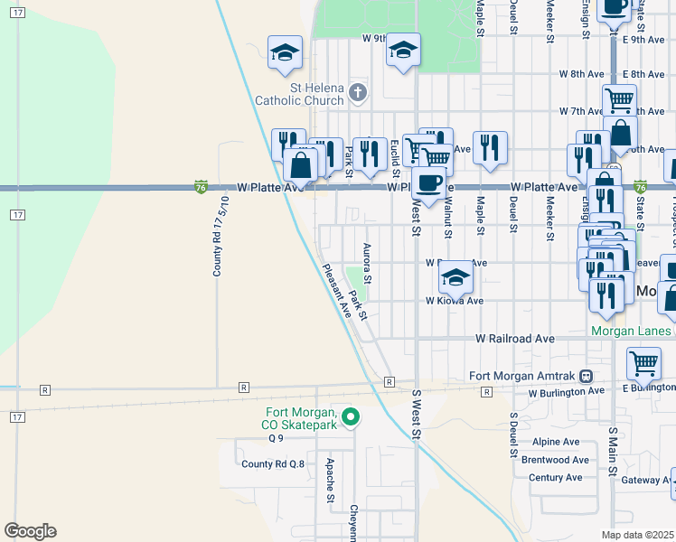 map of restaurants, bars, coffee shops, grocery stores, and more near 1016 West Beaver Avenue in Fort Morgan