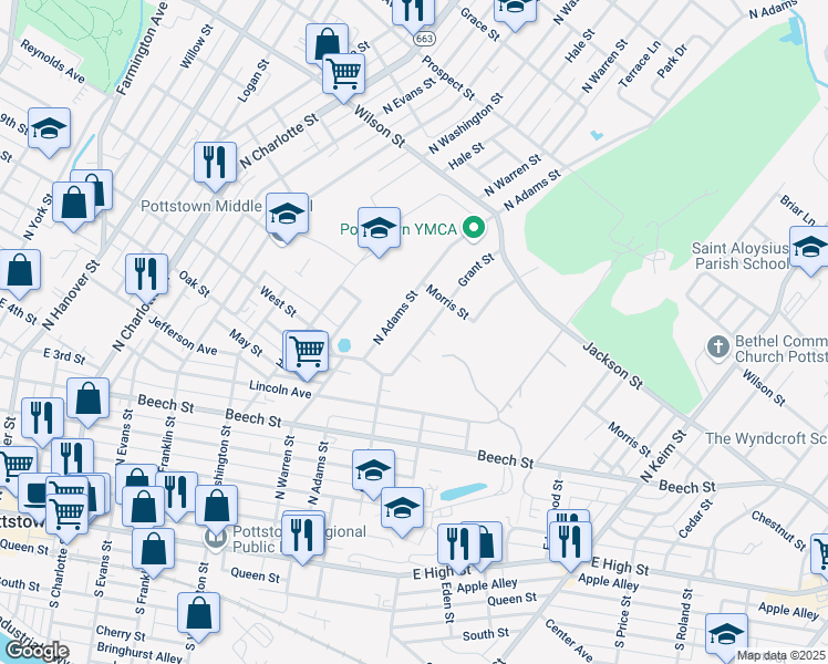 map of restaurants, bars, coffee shops, grocery stores, and more near 547 Grant Street in Pottstown