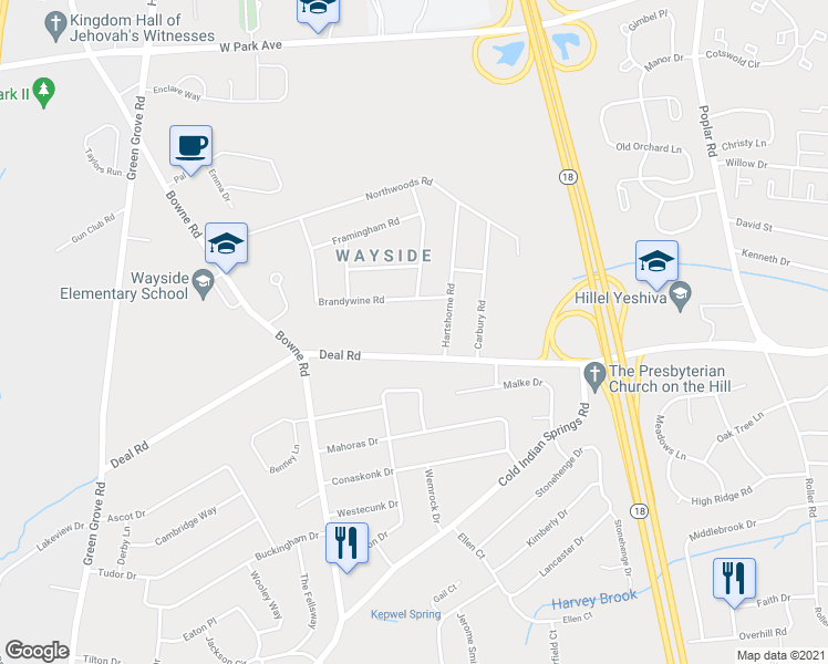 map of restaurants, bars, coffee shops, grocery stores, and more near 1143 Deal Road in Ocean Township