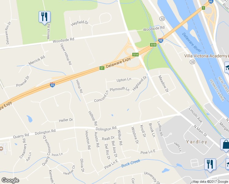 map of restaurants, bars, coffee shops, grocery stores, and more near 11 Plymouth Lane in Yardley