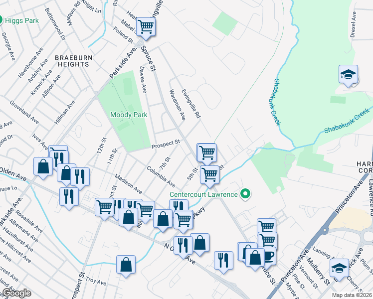 map of restaurants, bars, coffee shops, grocery stores, and more near 2230 Spruce Street in Ewing Township
