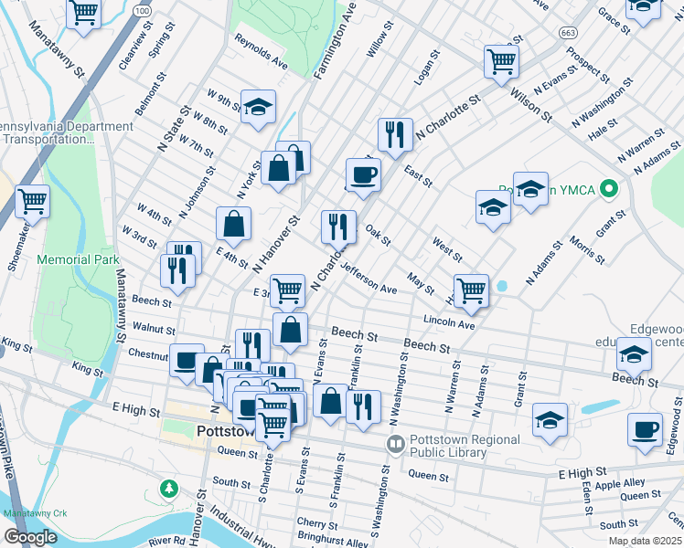 map of restaurants, bars, coffee shops, grocery stores, and more near 325 North Evans Street in Pottstown