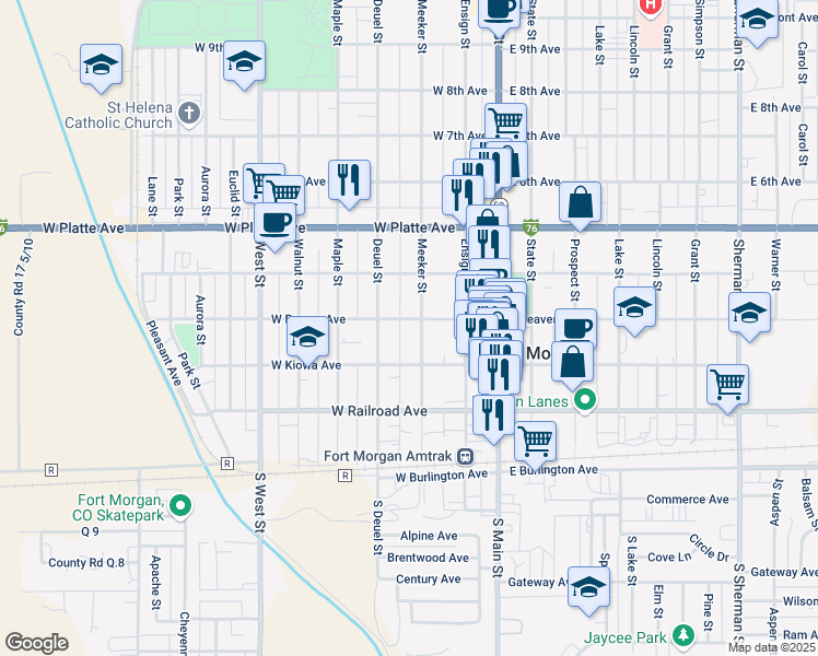 map of restaurants, bars, coffee shops, grocery stores, and more near 331 Meeker Street in Fort Morgan