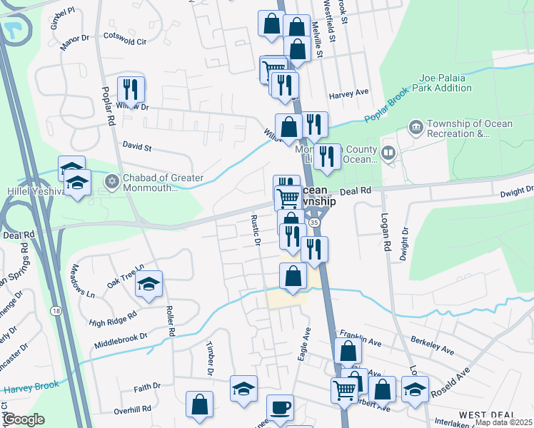 map of restaurants, bars, coffee shops, grocery stores, and more near 816 Deal Road in Monmouth County