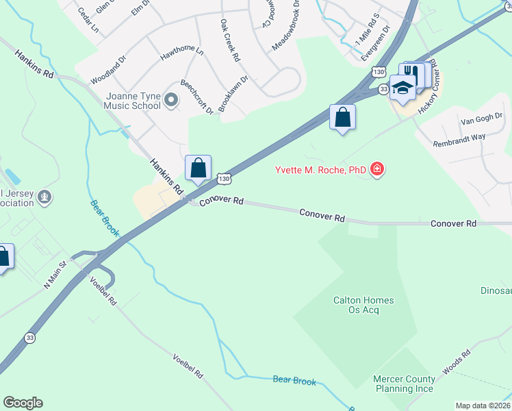 map of restaurants, bars, coffee shops, grocery stores, and more near 37-159 Conover Road in East Windsor