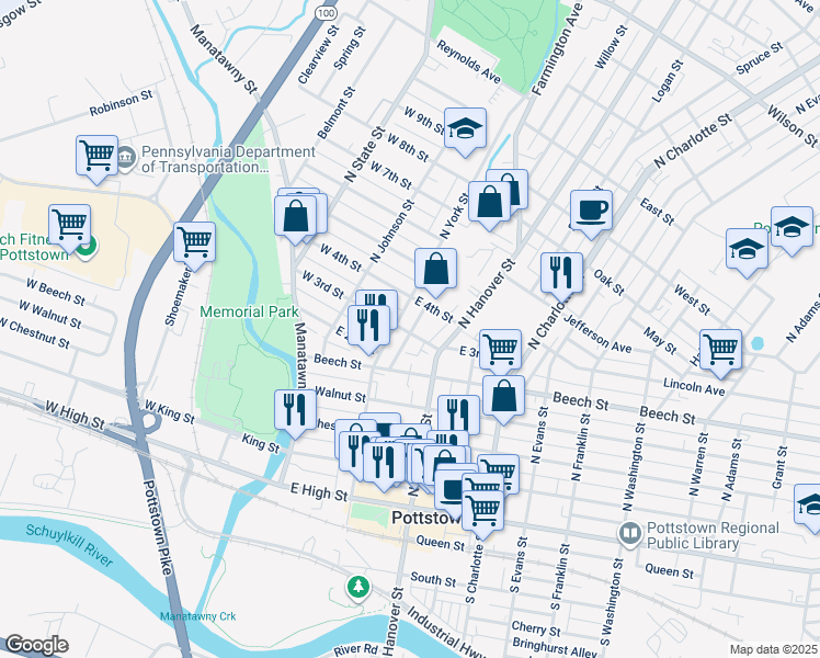 map of restaurants, bars, coffee shops, grocery stores, and more near 113 E 3rd St in Pottstown