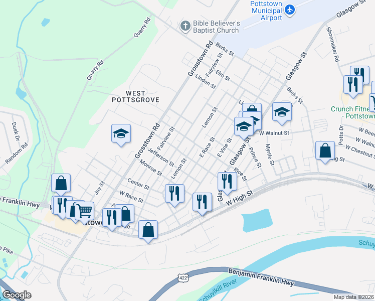 map of restaurants, bars, coffee shops, grocery stores, and more near 322 Lemon Street in Stowe