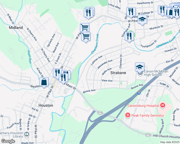 map of restaurants, bars, coffee shops, grocery stores, and more near 148 Alley B in Strabane
