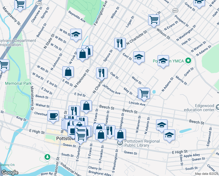 map of restaurants, bars, coffee shops, grocery stores, and more near 337 Jefferson Avenue in Pottstown