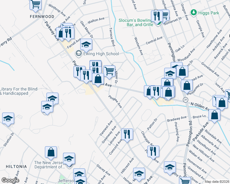 map of restaurants, bars, coffee shops, grocery stores, and more near 8 Weston Road in Trenton