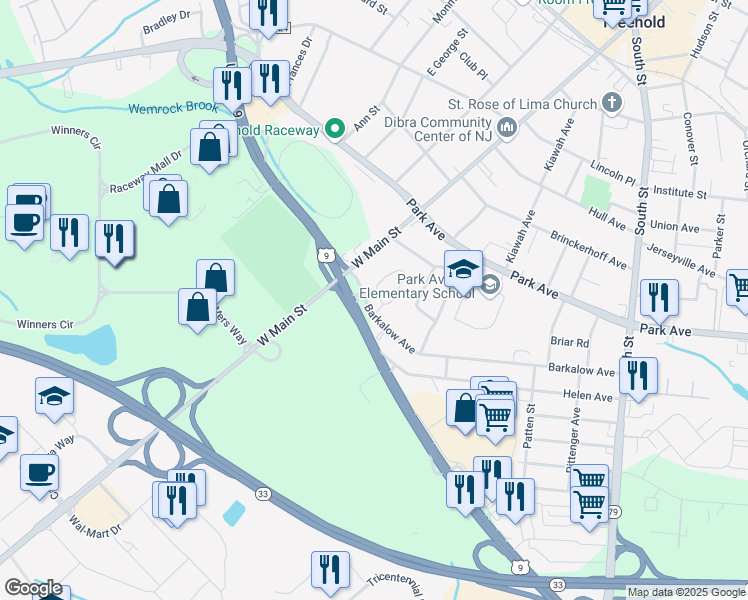 map of restaurants, bars, coffee shops, grocery stores, and more near 42 Reid Way in Freehold