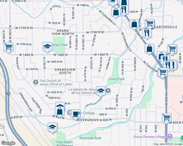 map of restaurants, bars, coffee shops, grocery stores, and more near 1247 N 1220 W in Provo