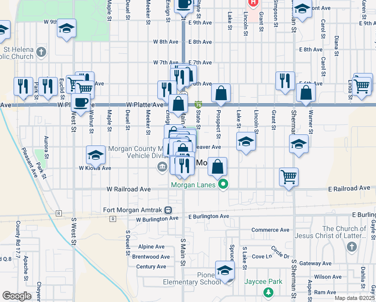 map of restaurants, bars, coffee shops, grocery stores, and more near 328 Main Street in Fort Morgan