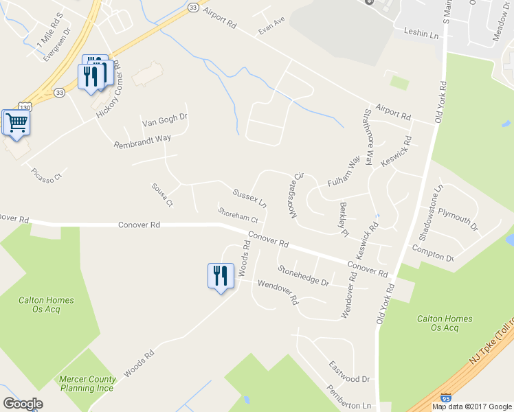 map of restaurants, bars, coffee shops, grocery stores, and more near 11 Sussex Lane in East Windsor