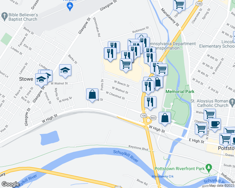 map of restaurants, bars, coffee shops, grocery stores, and more near 329 West Chestnut Street in Pottstown