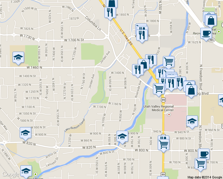 map of restaurants, bars, coffee shops, grocery stores, and more near 1270 N 950 W in Provo