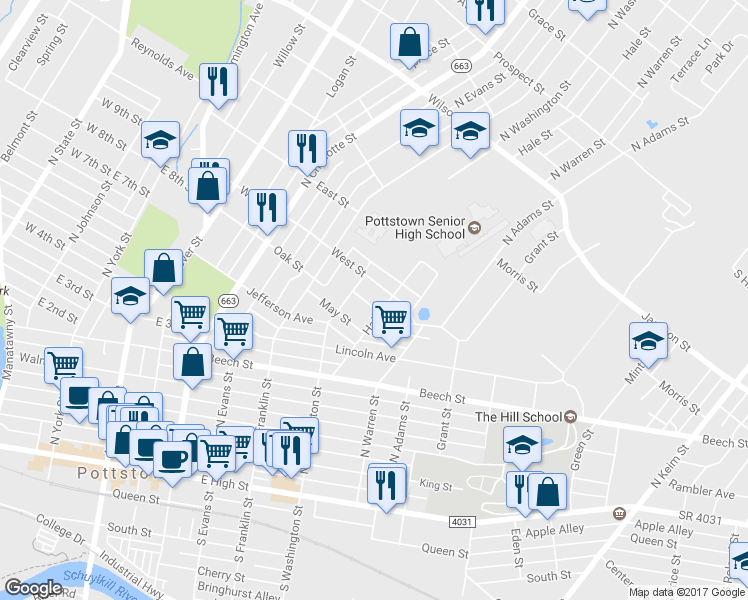 map of restaurants, bars, coffee shops, grocery stores, and more near 527 Butler Avenue in Pottstown