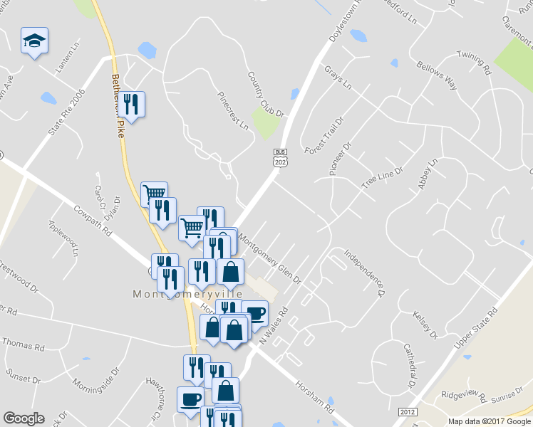map of restaurants, bars, coffee shops, grocery stores, and more near 123 Ashley Circle in Lansdale