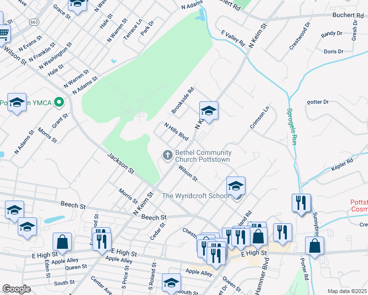 map of restaurants, bars, coffee shops, grocery stores, and more near 669 North Keim Street in Pottstown