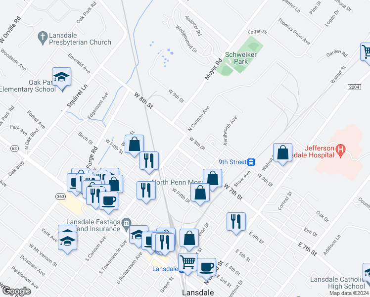 map of restaurants, bars, coffee shops, grocery stores, and more near 421 West 7th Street in Lansdale