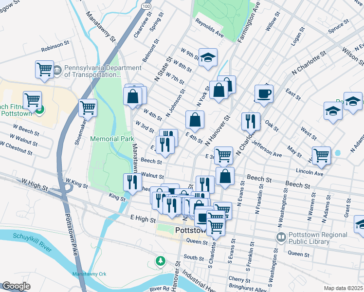 map of restaurants, bars, coffee shops, grocery stores, and more near 109 East 3rd Street in Pottstown