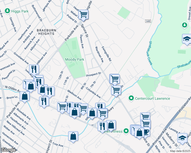 map of restaurants, bars, coffee shops, grocery stores, and more near 1780 Prospect Street in Ewing Township
