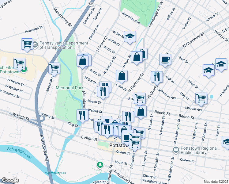map of restaurants, bars, coffee shops, grocery stores, and more near 113 E 3rd St in Pottstown