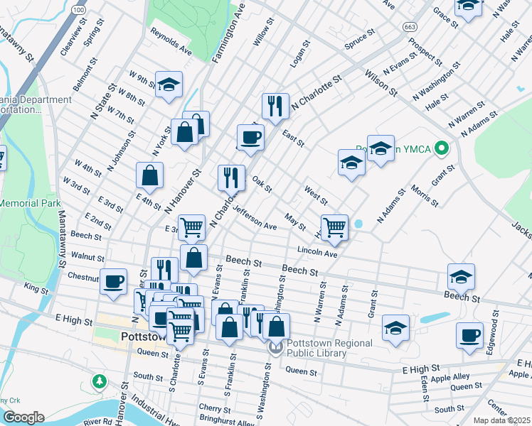 map of restaurants, bars, coffee shops, grocery stores, and more near 367 North Franklin Street in Pottstown