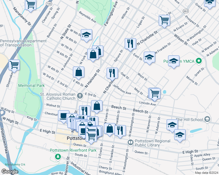 map of restaurants, bars, coffee shops, grocery stores, and more near 320 North Charlotte Street in Pottstown