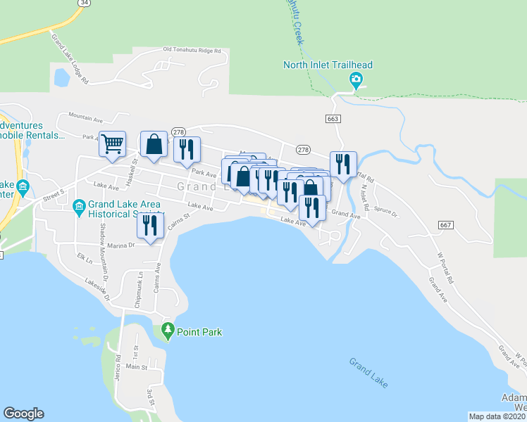 map of restaurants, bars, coffee shops, grocery stores, and more near 1005 Lake Avenue in Grand Lake