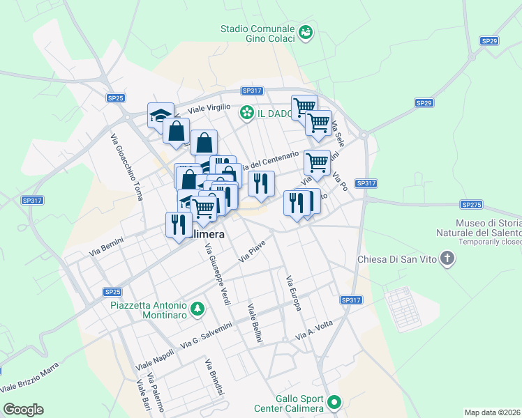map of restaurants, bars, coffee shops, grocery stores, and more near 45 Via Costantini in Calimera