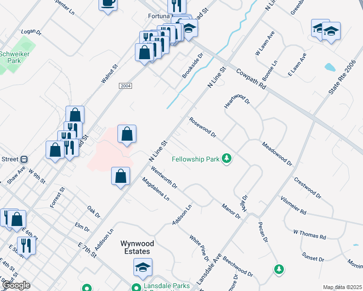 map of restaurants, bars, coffee shops, grocery stores, and more near 1601 North Line Street in Lansdale