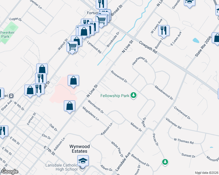 map of restaurants, bars, coffee shops, grocery stores, and more near 1601 North Line Street in Lansdale